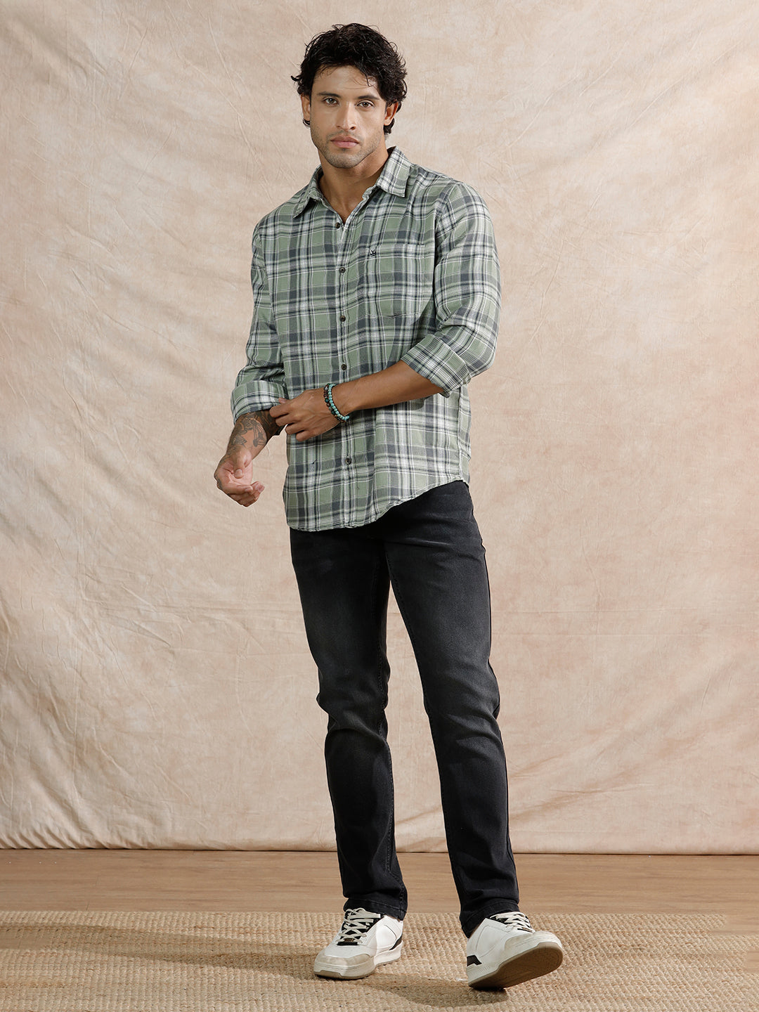 Dobby Textured Checks Regular Fit Shirt | Green