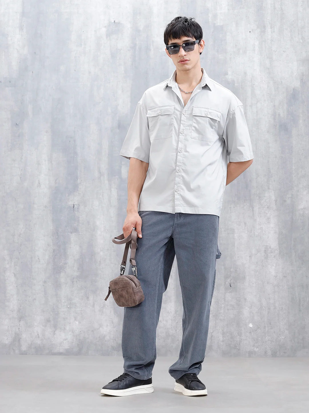 Wrogn Men's Oversized Plus Double Pocket Shirt | Grey