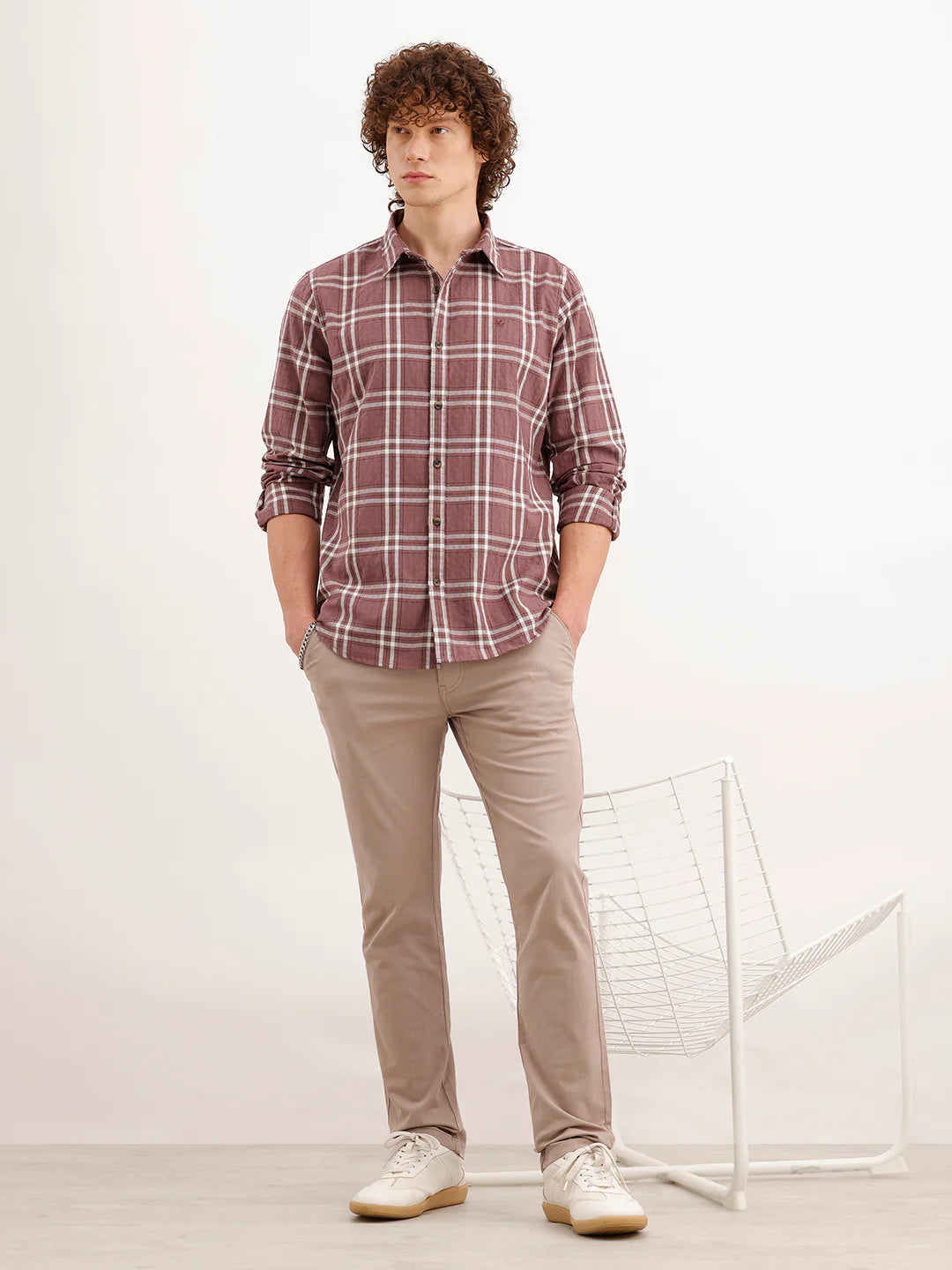 Slim Fit Checkered Shirt  | Peach