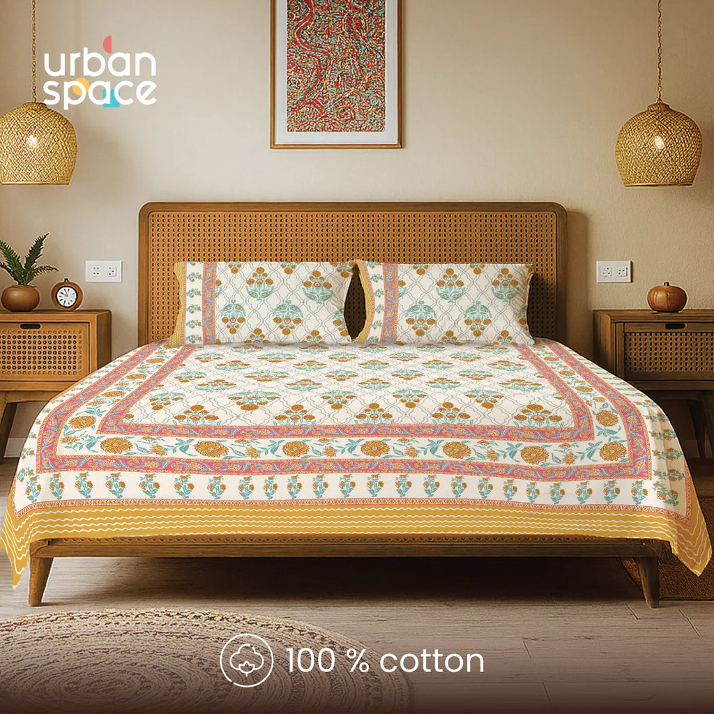 Rajasthani Ethnic 100% Cotton Bedsheet with 2 Pillow Covers - Amberjaal Yellow