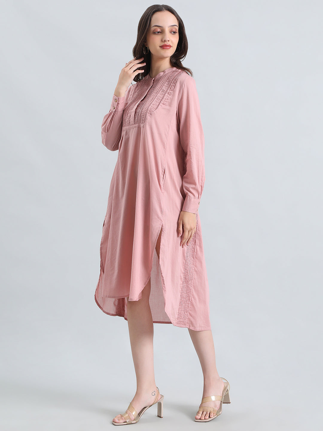Cotton Pin-Tuck & Lace Trim Mandarin Collar Dress
