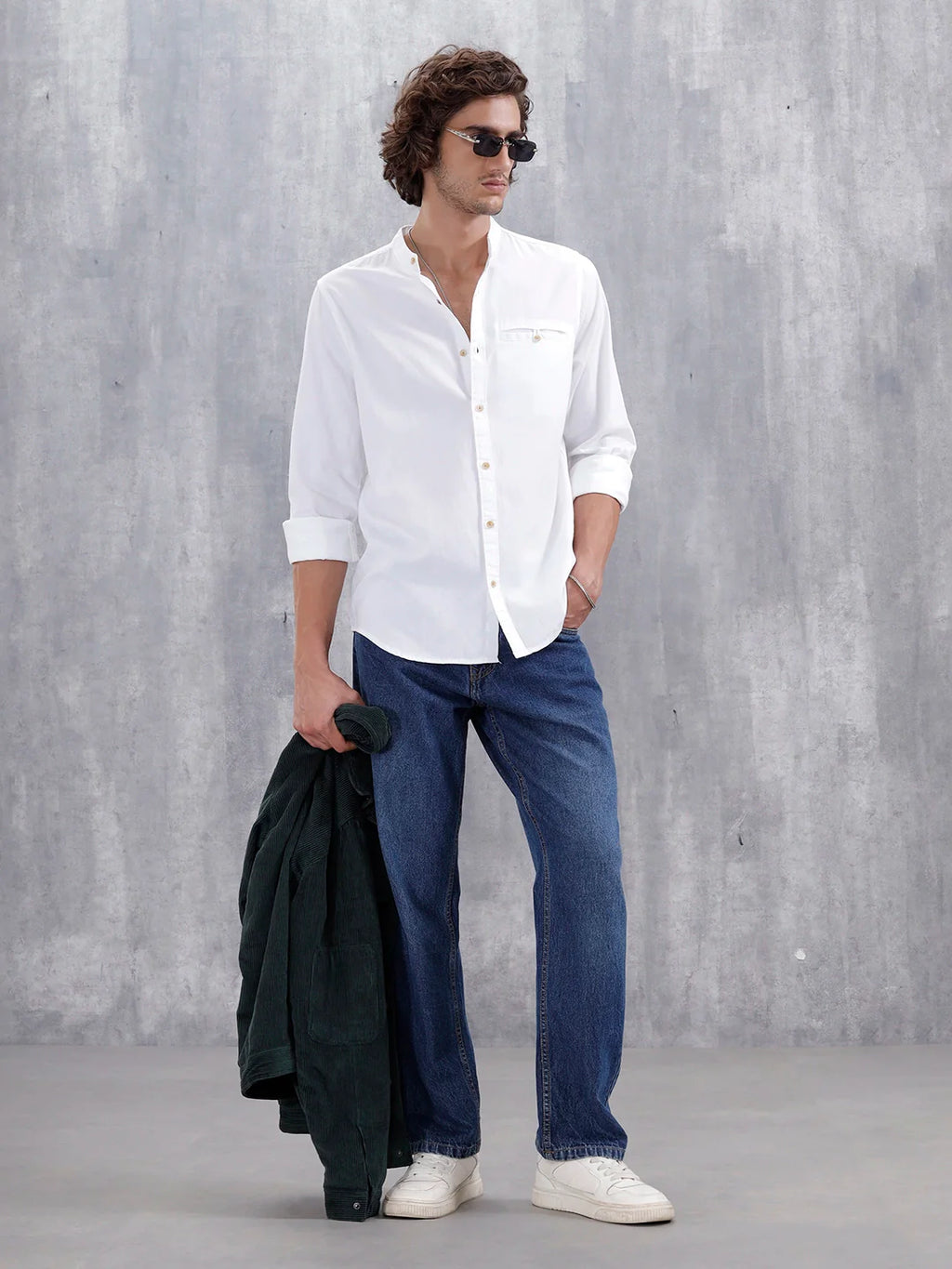 100% Cotton Solid Mandarin Collar Shirt | Off White