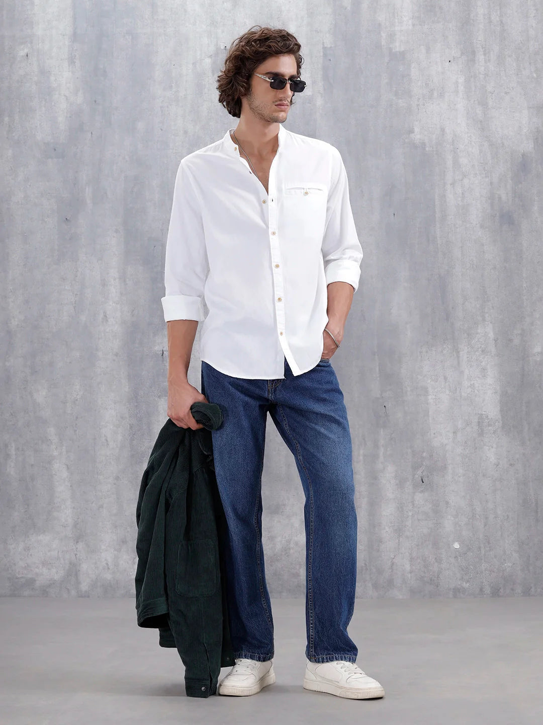 100% Cotton Solid Mandarin Collar Shirt | Off White