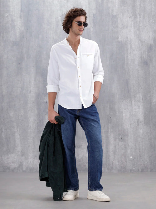 100% Cotton Solid Mandarin Collar Shirt | Off White