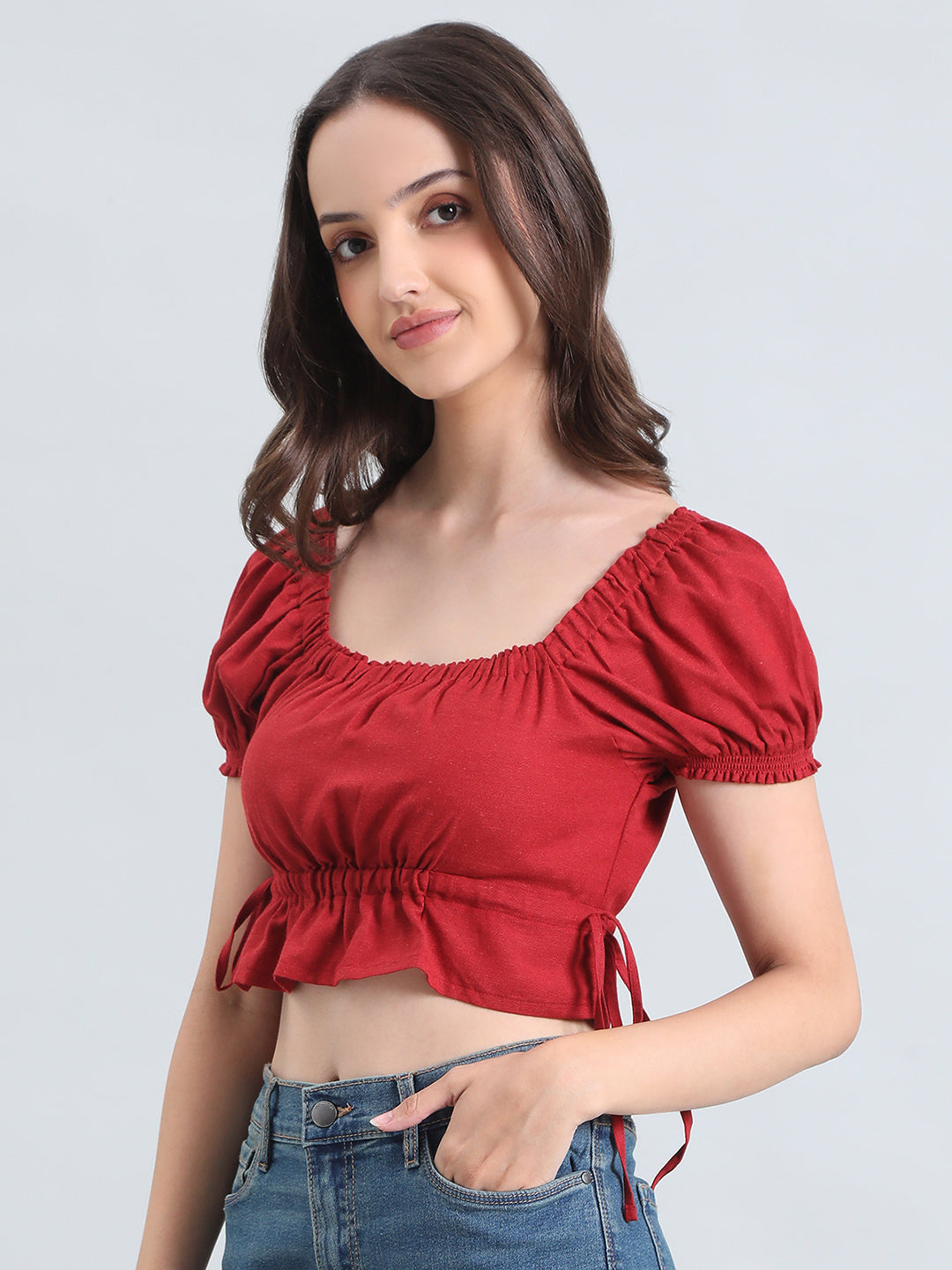Linen Blend Square Neck Cropped Gathered Blouse