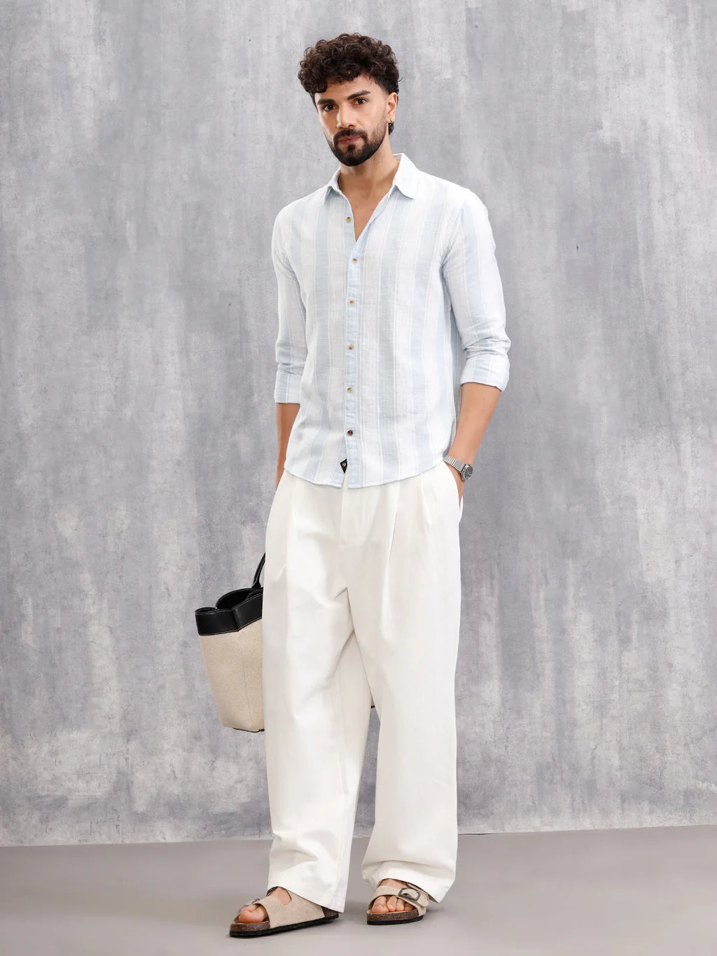 Herrinbone Stripe Light Weight Shirt | Blue