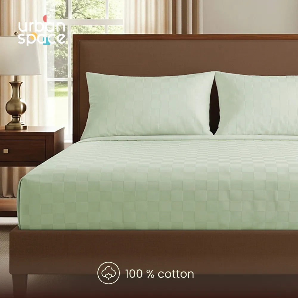 300 TC Super Soft King Bedsheet, Self Woven Cubes Design - Tea Green Cubes