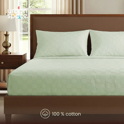 300 TC Super Soft King Bedsheet, Self Woven Cubes Design - Tea Green Cubes