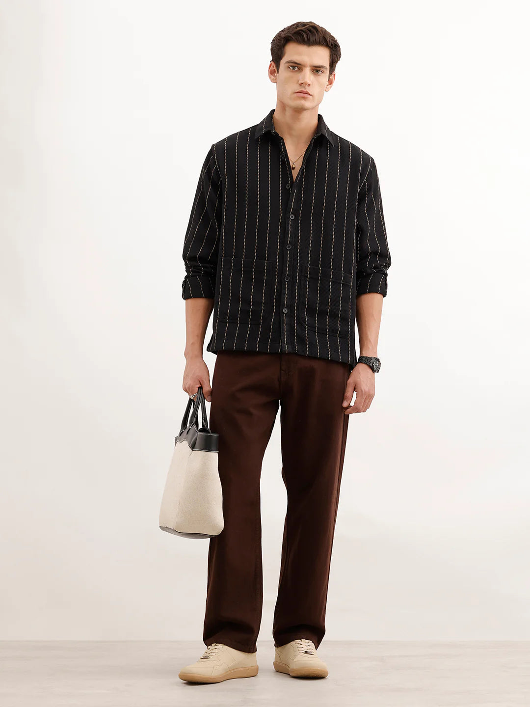 Comfort Fit Striped Textured Shirt  | Black