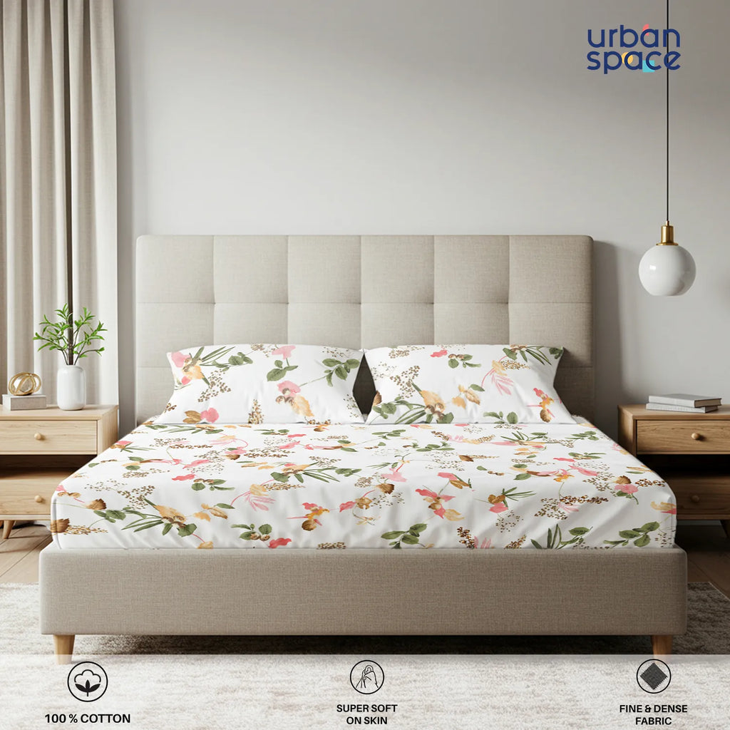 Regal Collection - Breathable 200 TC 100% Pure Cotton Bedsheet with Pillow Cover, Cherry Blossom- Peach