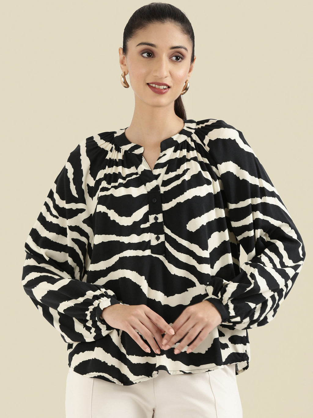 Viscose Loose Fit Mandarin Collar Printed Blouse
