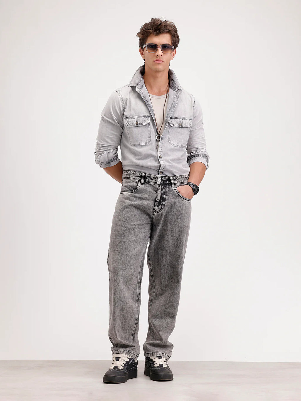 Slim Fit Faded Denim Shirt  | Grey