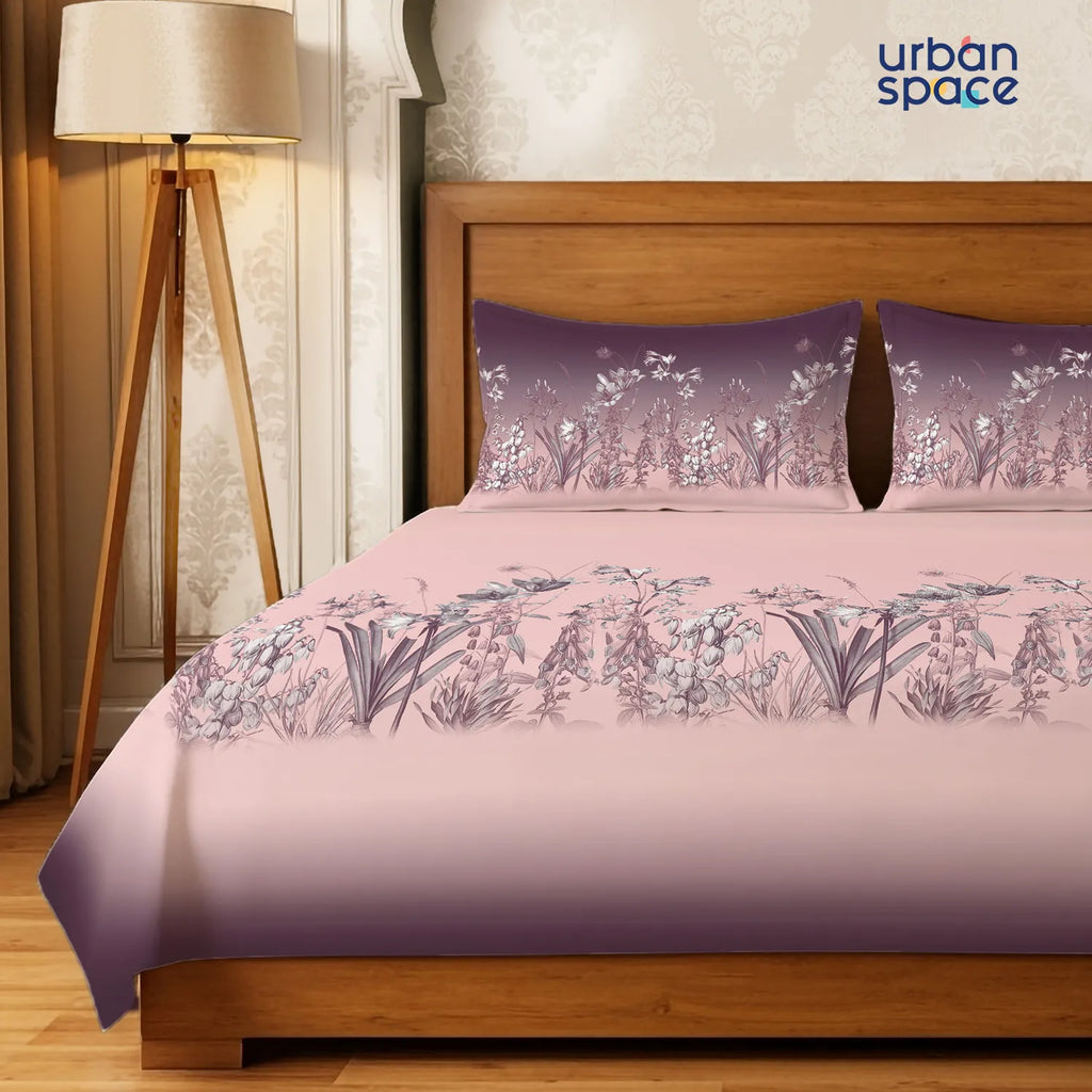 Serene 300 TC 100% Cotton Bedsheet with Pillow Covers, Panel Design - Aranya Mauve