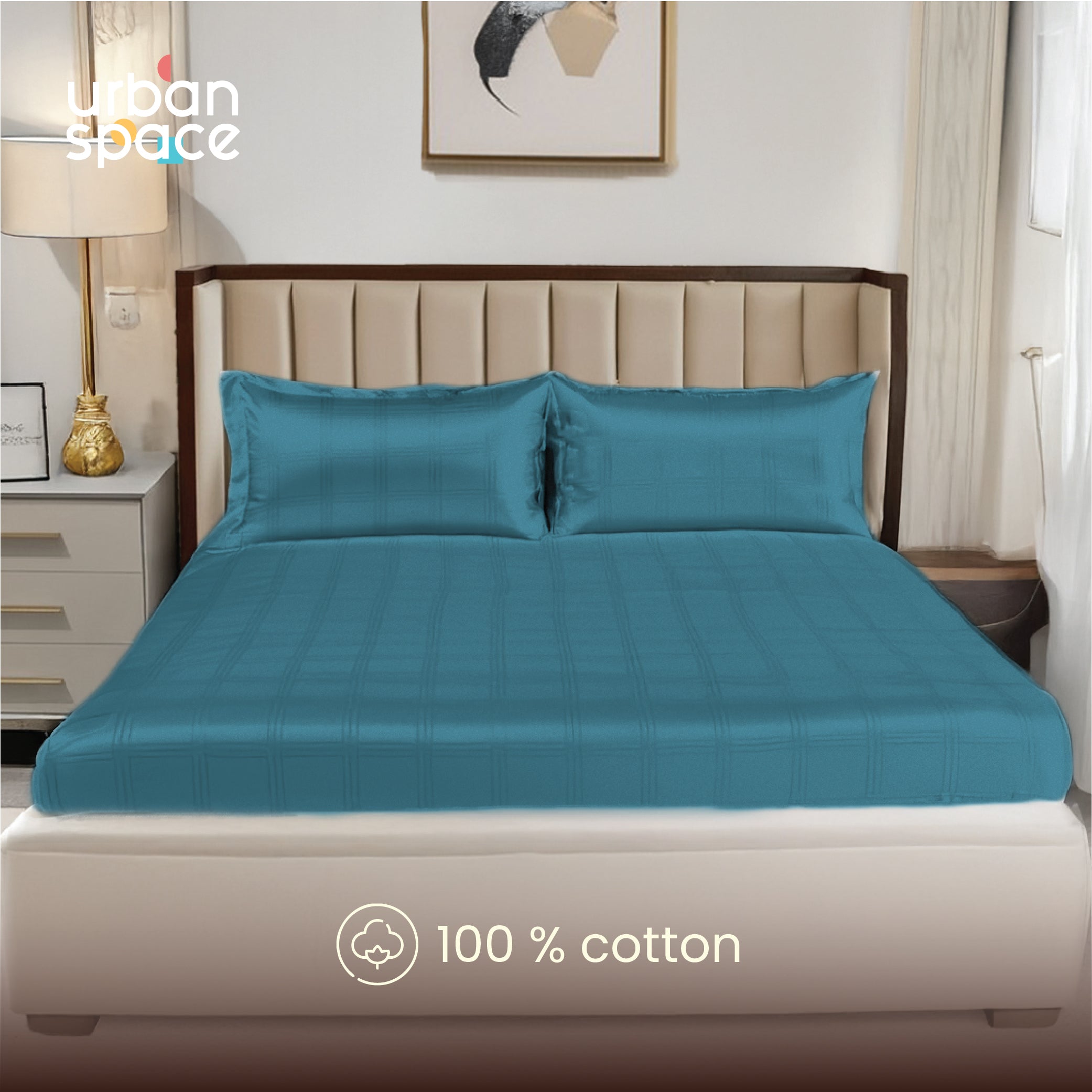 300 TC Super Soft King Bedsheet, Self Woven Checks Design - Dark Teal Checks