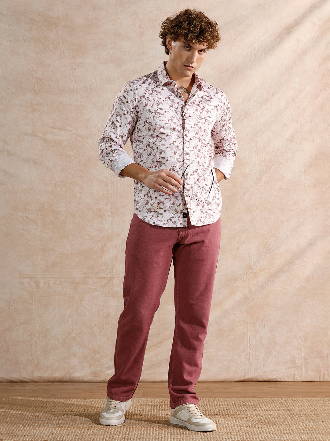 Printed Satin Slim Fit Shirt | Brown