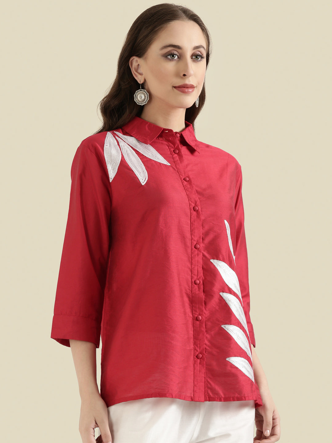 Viscose Sequin Embroidery Classic Collar Blouse