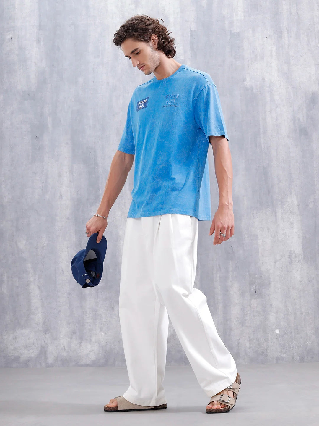 Washed Oversized Crew Neck Tshirt With Print | Blue