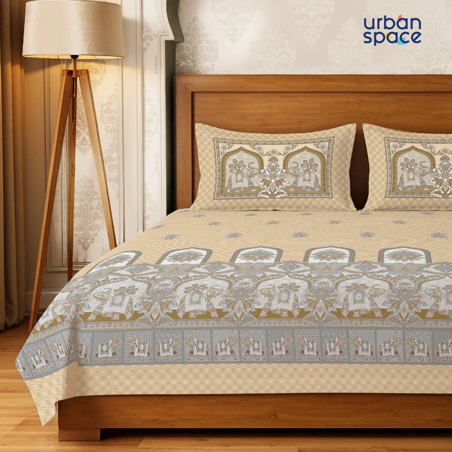 Serene 300 TC 100% Cotton Bedsheet with Pillow Covers, Panel Design - Vanraj Beige