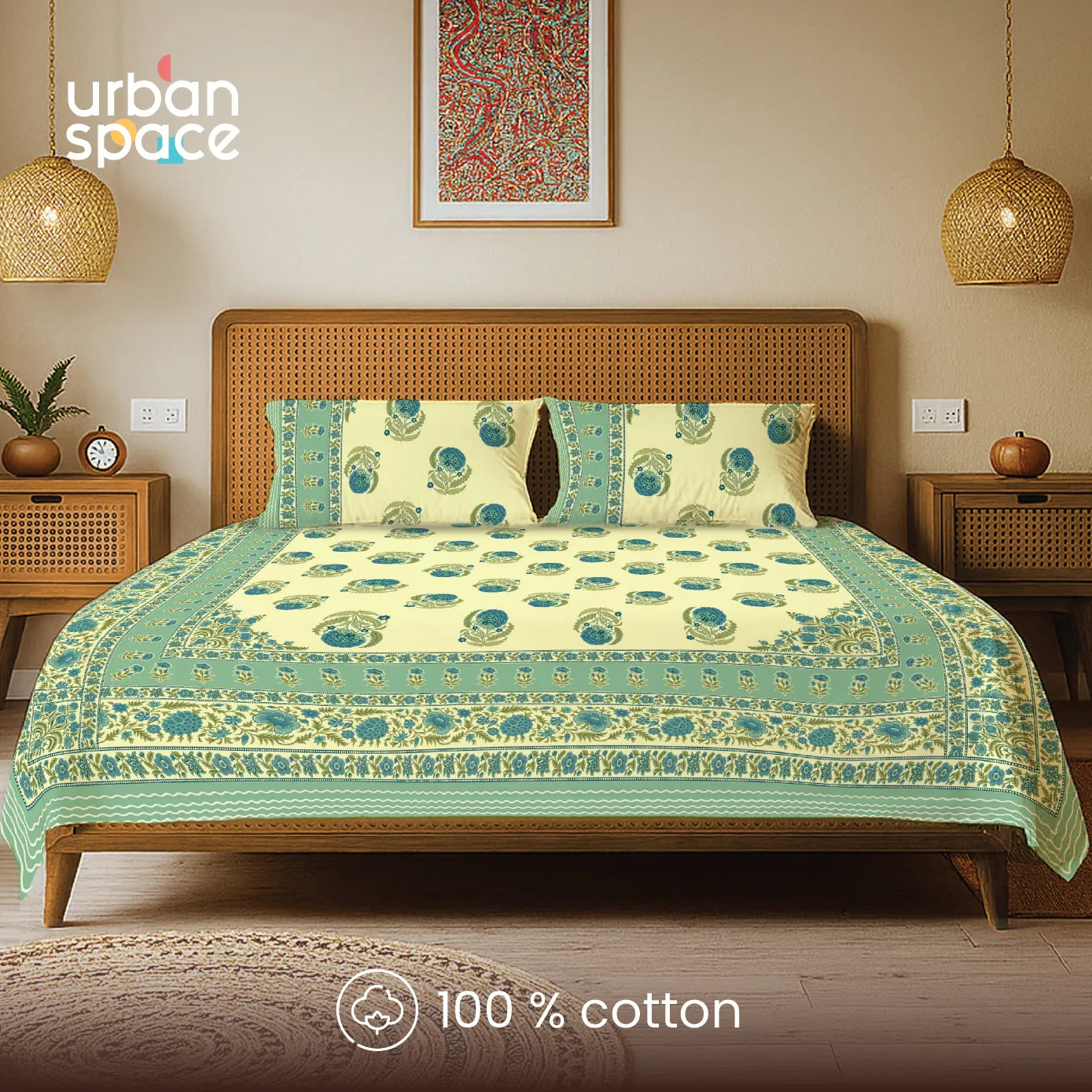 Rajasthani Ethnic 100% Cotton Bedsheet with 2 Pillow Covers - Chandbali Sage Green