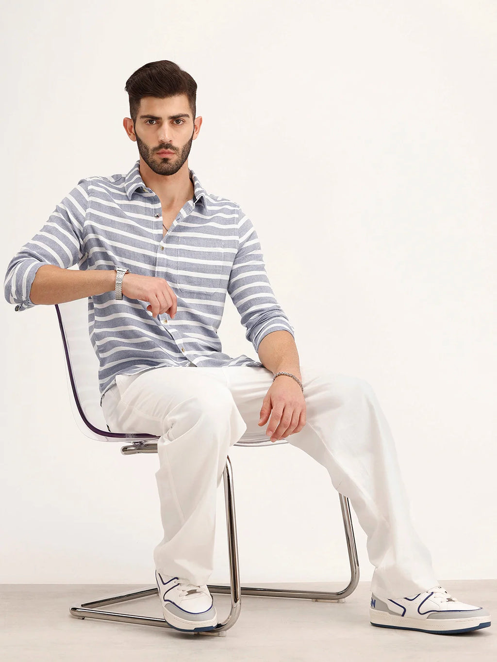 Regular Fit Striped 100% Cotton Shirt | Blue