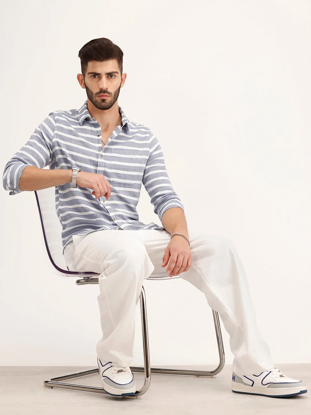 Regular Fit Striped 100% Cotton Shirt | Blue