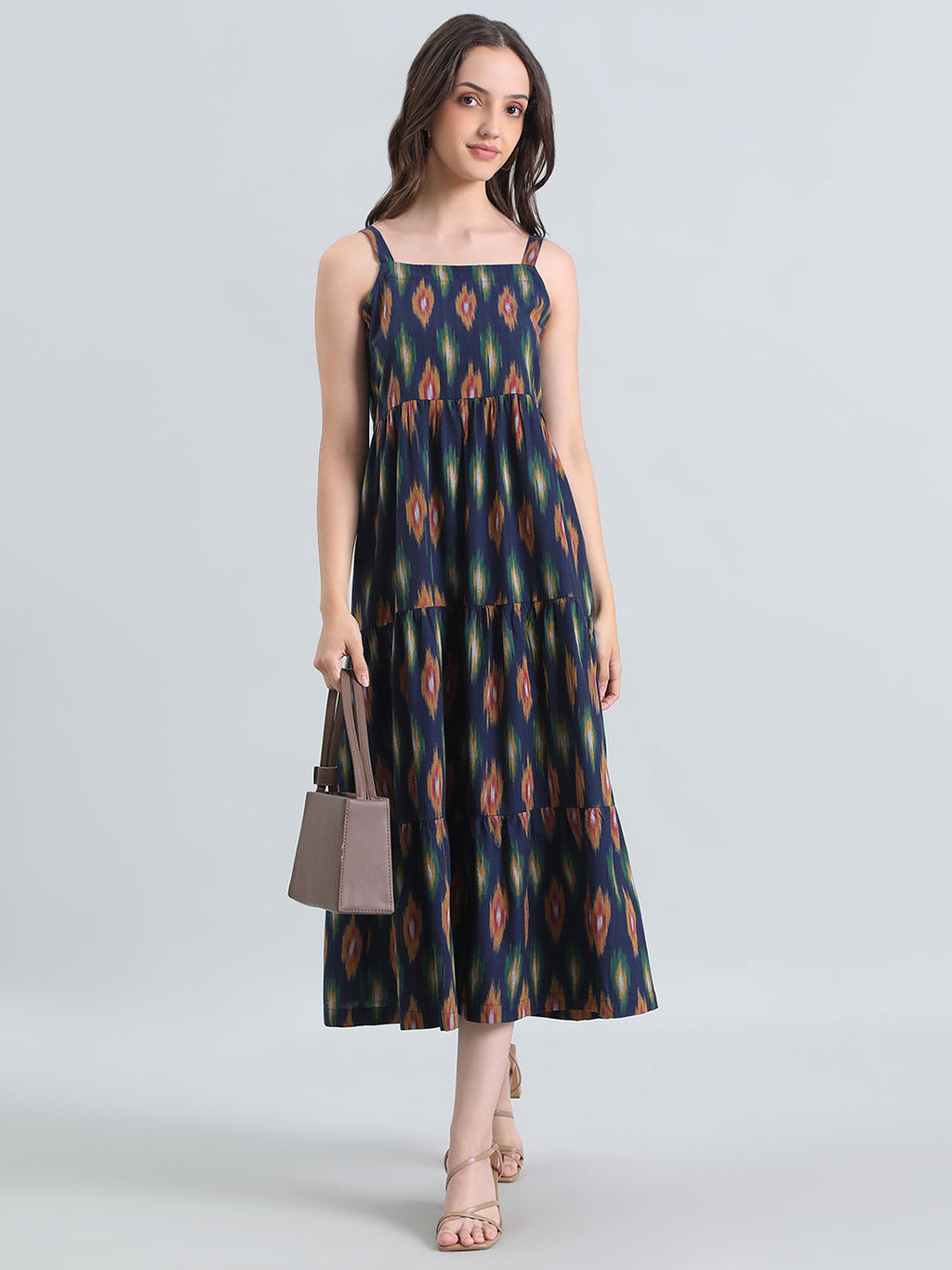 Ikat Print Cotton Smocked Back Tiered Dress