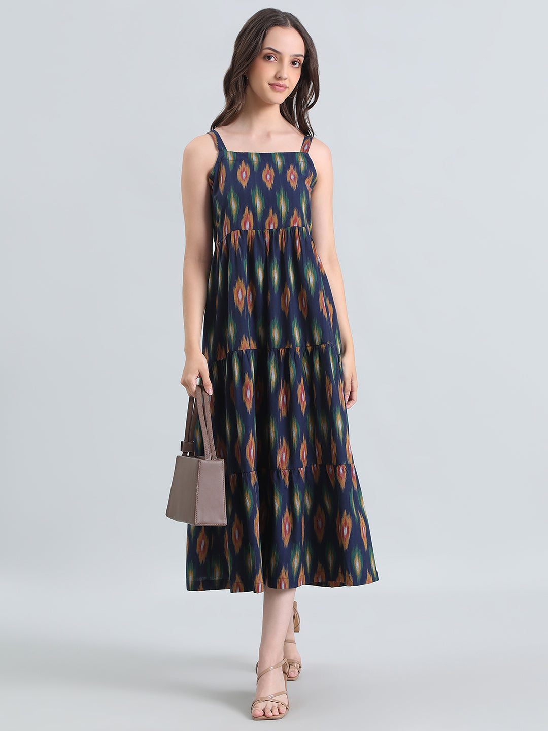 Ikat Print Cotton Smocked Back Tiered Dress