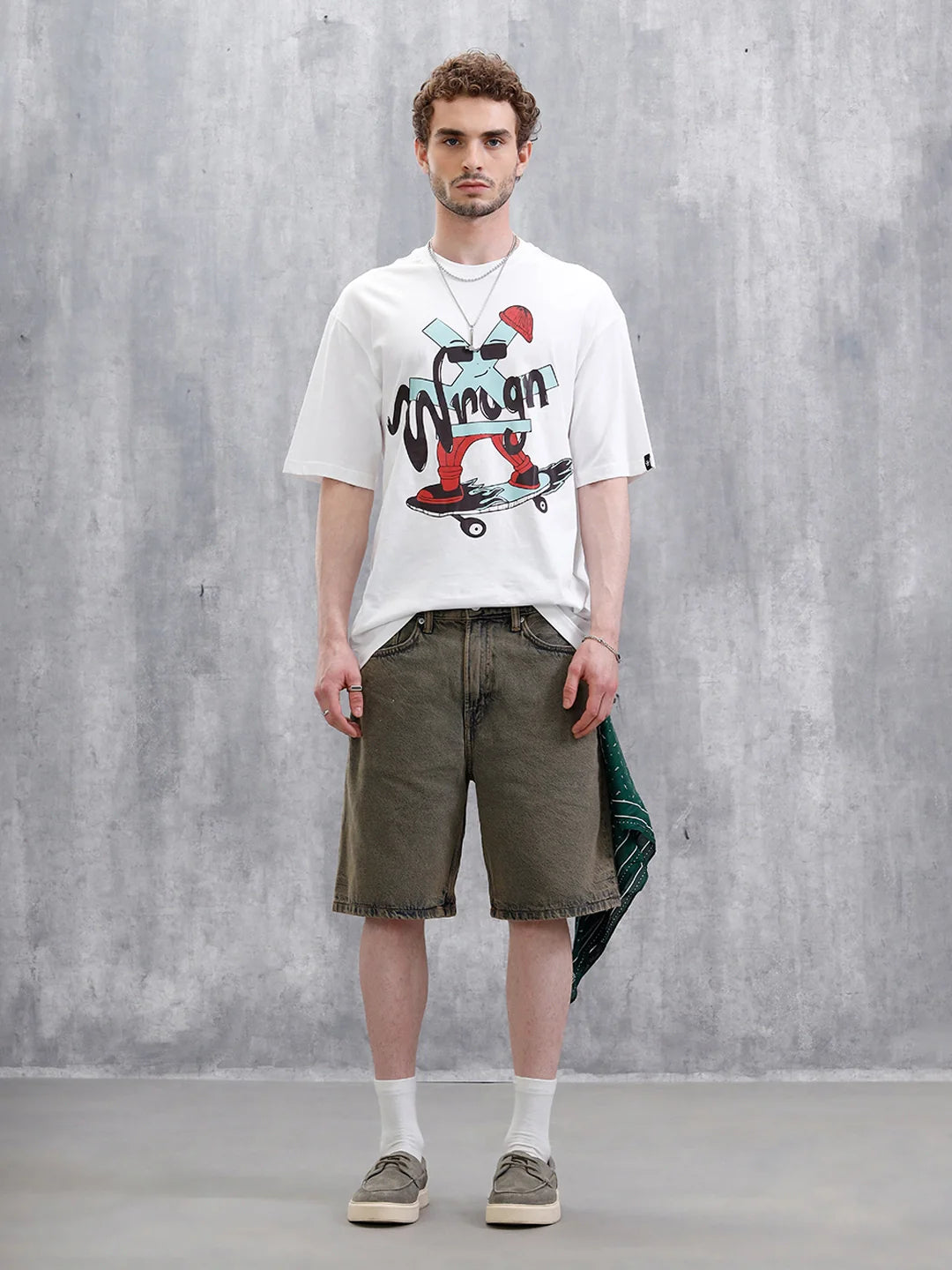 Skater Logo Printed Oversized Fit T-Shirt | White