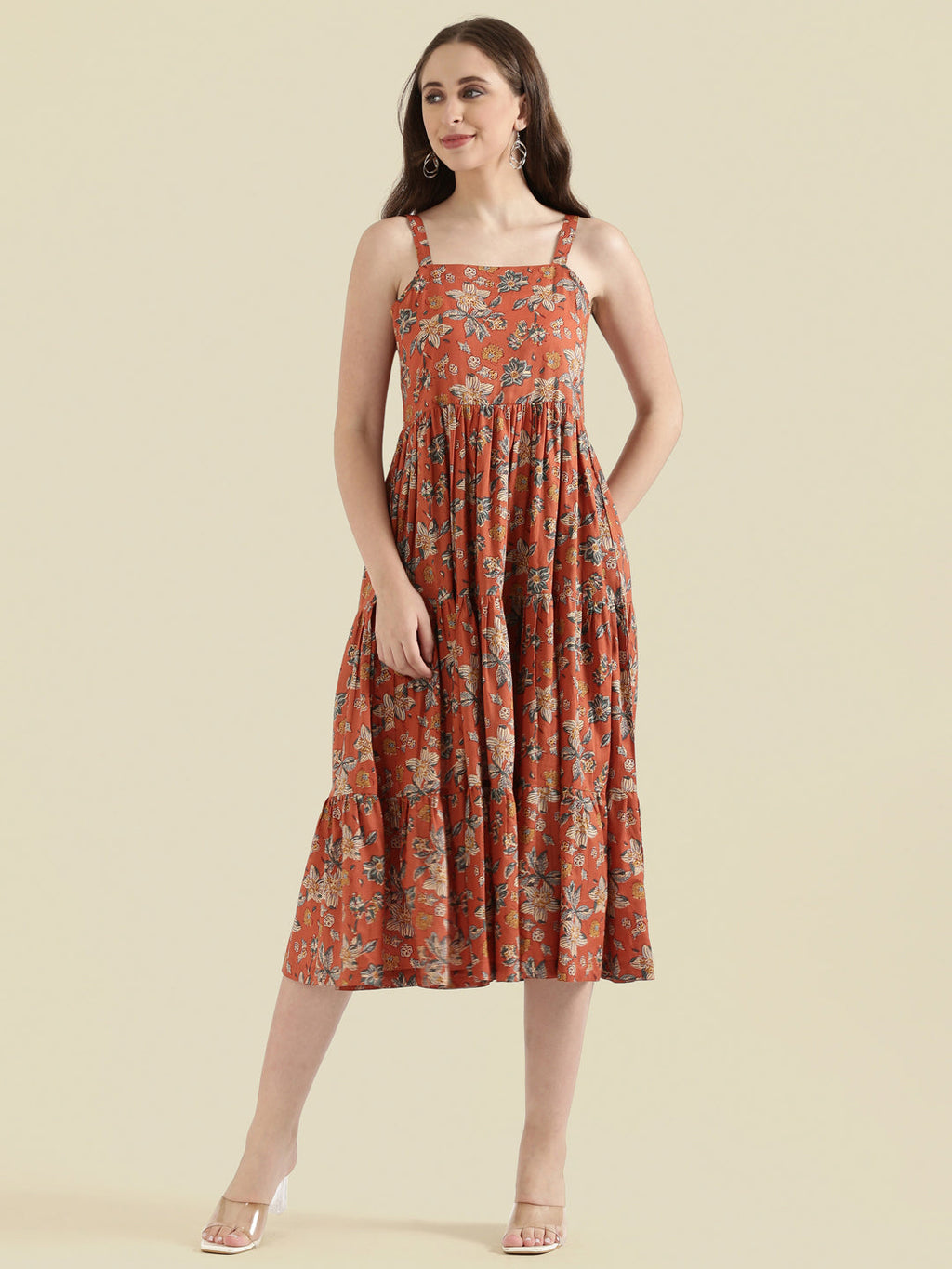 Floral Print Cotton Fit & Flare Square Neck Dress