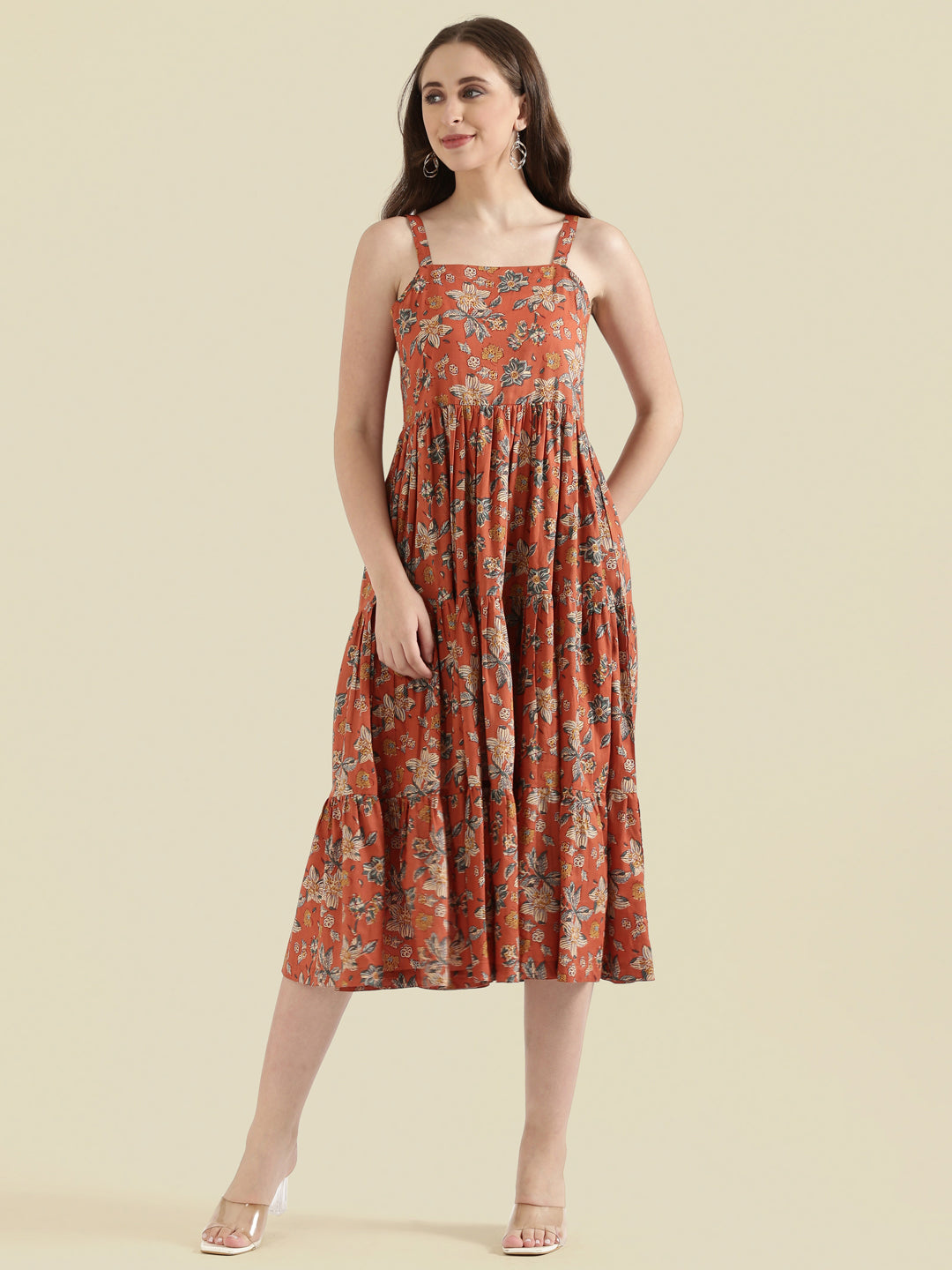 Floral Print Cotton Fit & Flare Square Neck Dress