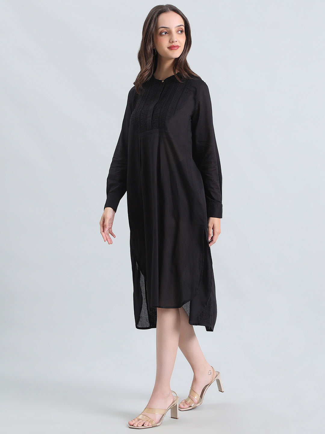 Cotton Pin-Tuck & Lace Trim Mandarin Collar Dress