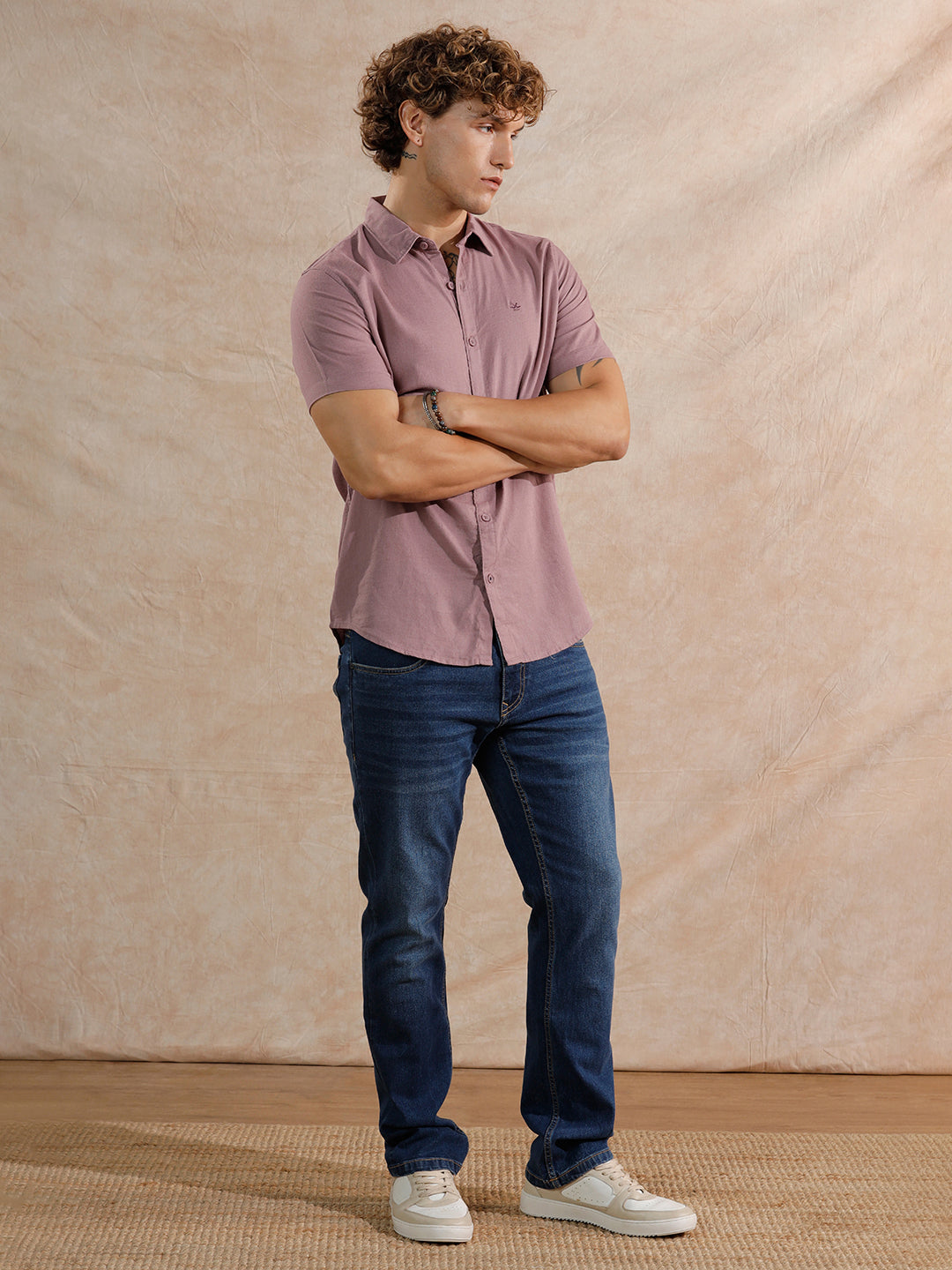 Solid Linen Blend Slim Fit Shirt | Dark Pink