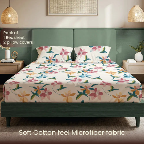 200 TC Glaced Cotton Microfiber Bedsheet with Pillow Covers - Bloomingdale
