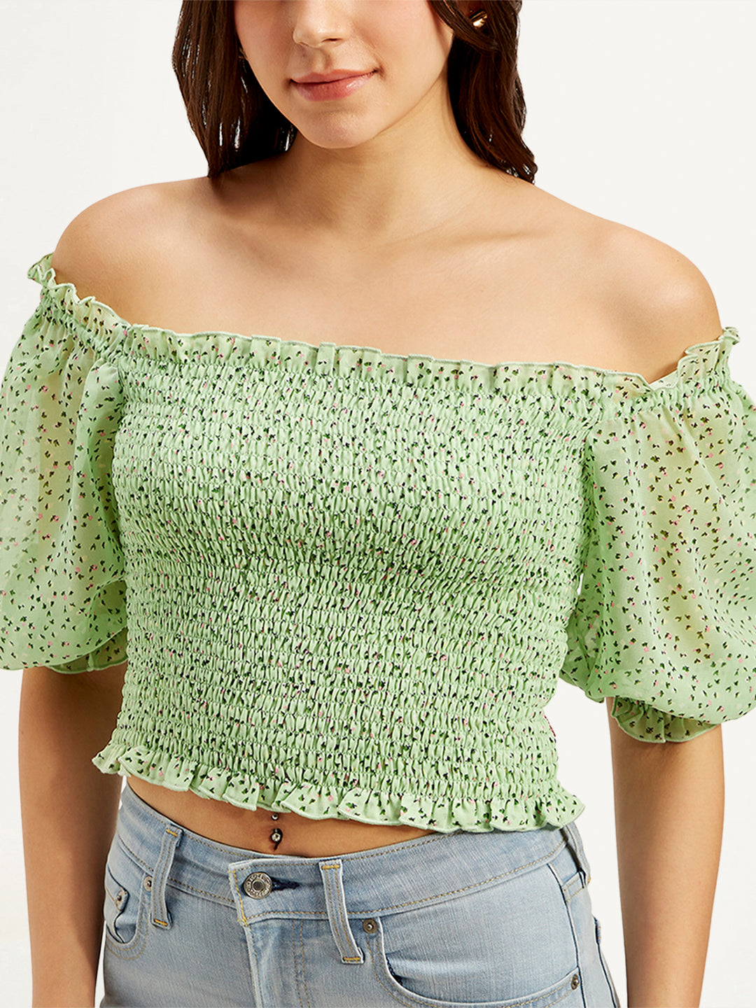 Women's Floral Green Off Shoulder Top