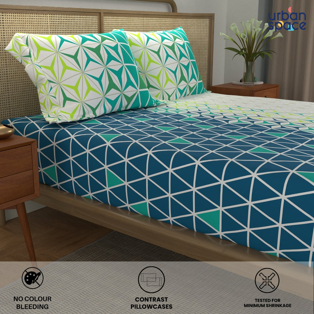 Divine Collection - Cotton Bedsheet With 2 Pillow Covers, Geomatric Blue