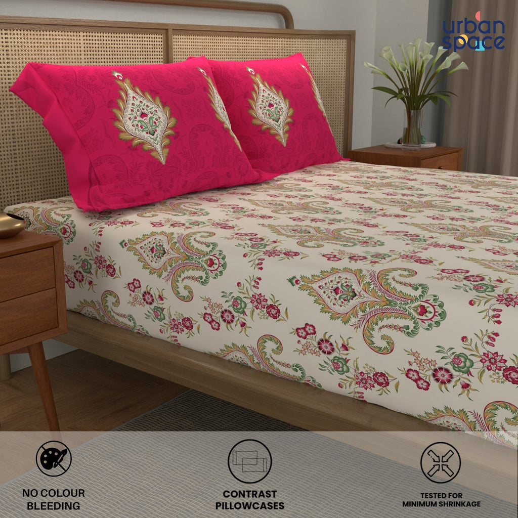 Divine Collection - Cotton Bedsheet With 2 Pillow Covers, Motif Red