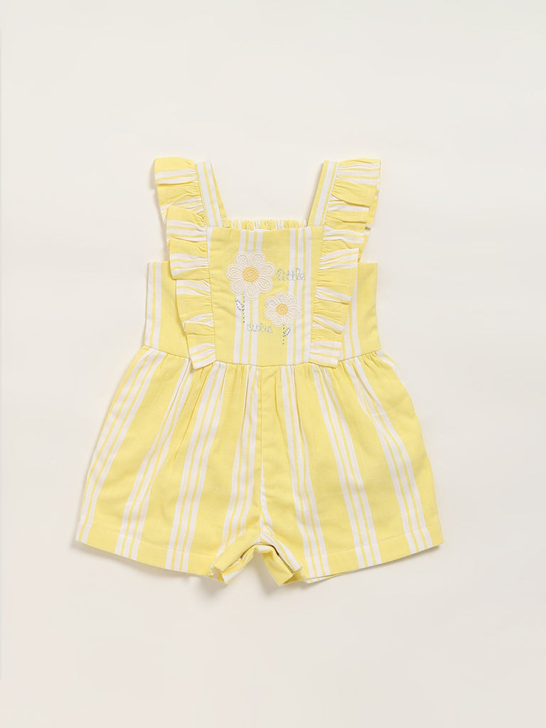 HOP Baby Girls Yellow Striped Cotton Jumpsuit