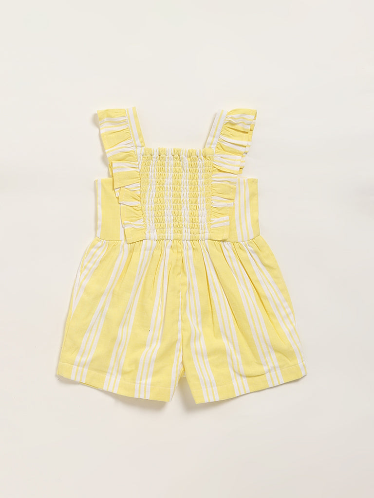 HOP Baby Girls Yellow Striped Cotton Jumpsuit