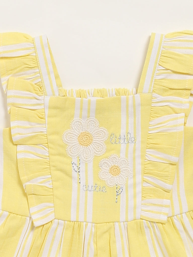 HOP Baby Girls Yellow Striped Cotton Jumpsuit