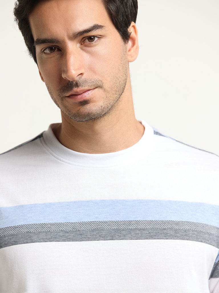 WES Lounge Blue Striped Cotton-Blend Relaxed Fit T-Shirt