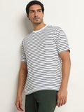 WES Lounge White Striped Cotton-Blend Relaxed Fit T-Shirt
