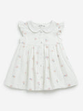 HOP Baby Girls White Floral Embroidered A-Line Cotton Dress