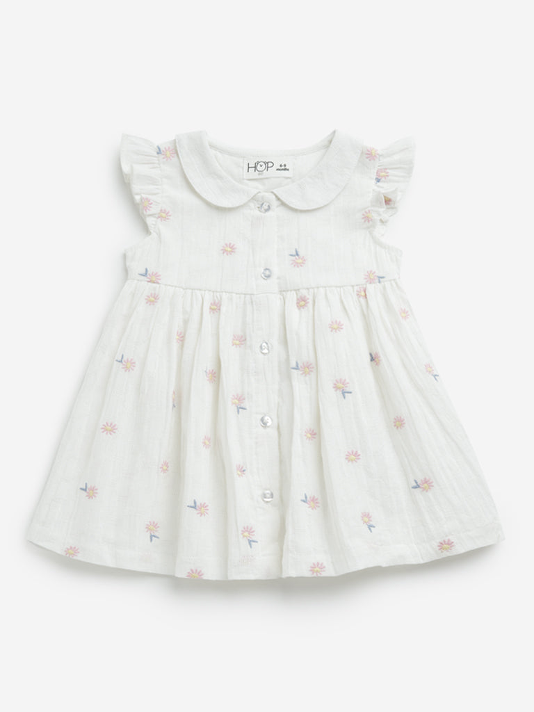 HOP Baby Girls White Floral Embroidered A-Line Cotton Dress