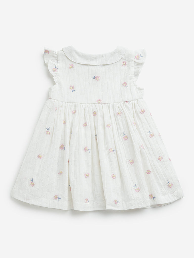 HOP Baby Girls White Floral Embroidered A-Line Cotton Dress