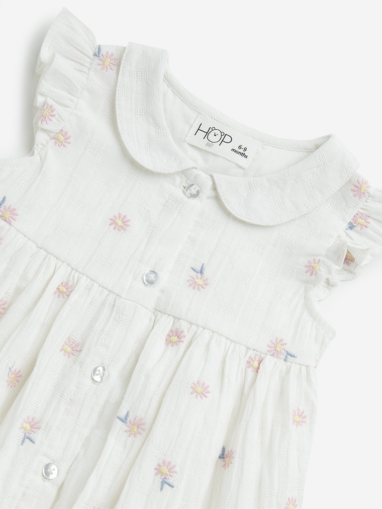 HOP Baby Girls White Floral Embroidered A-Line Cotton Dress