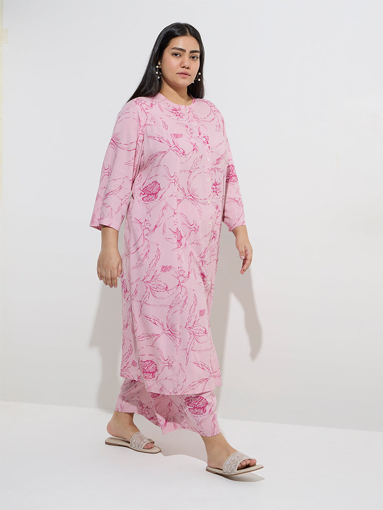 Diza Pink Floral Design Mid-Rise Palazzos