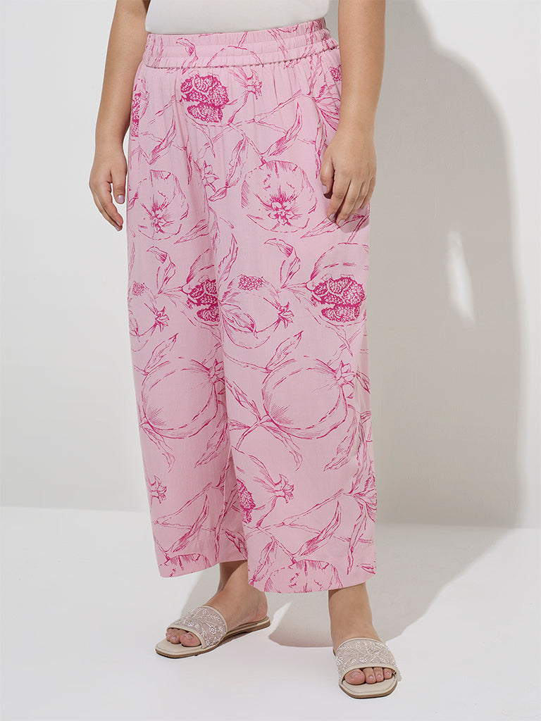 Diza Pink Floral Design Mid-Rise Palazzos