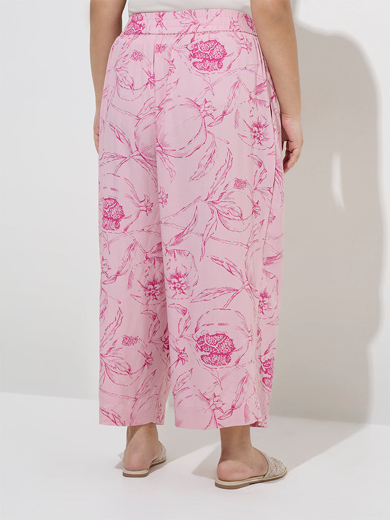 Diza Pink Floral Design Mid-Rise Palazzos