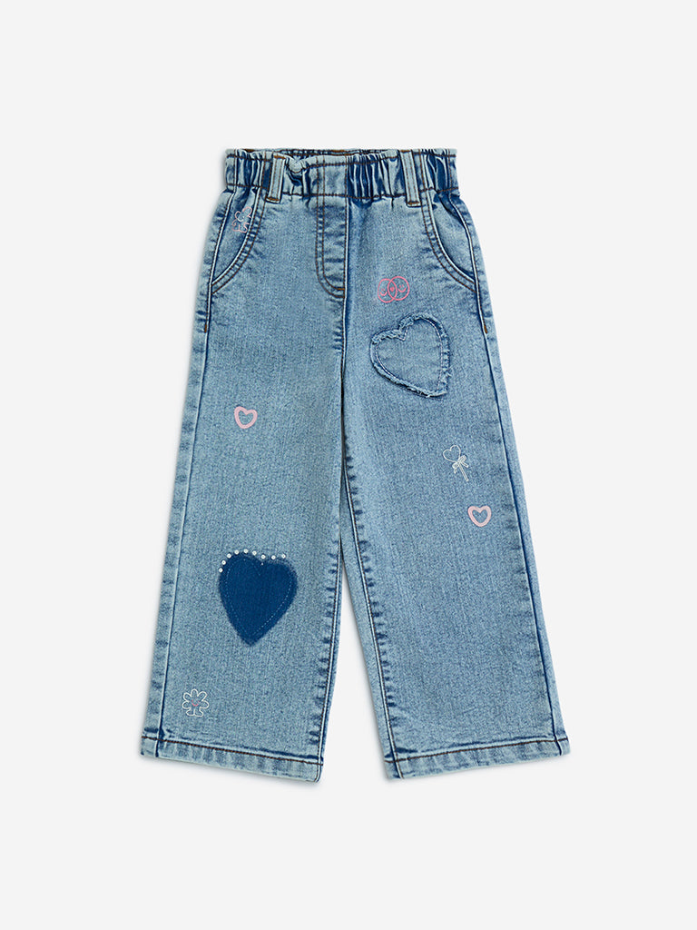 HOP Kids Girls Light Blue Faded Wide-Leg Mid-Rise Jeans