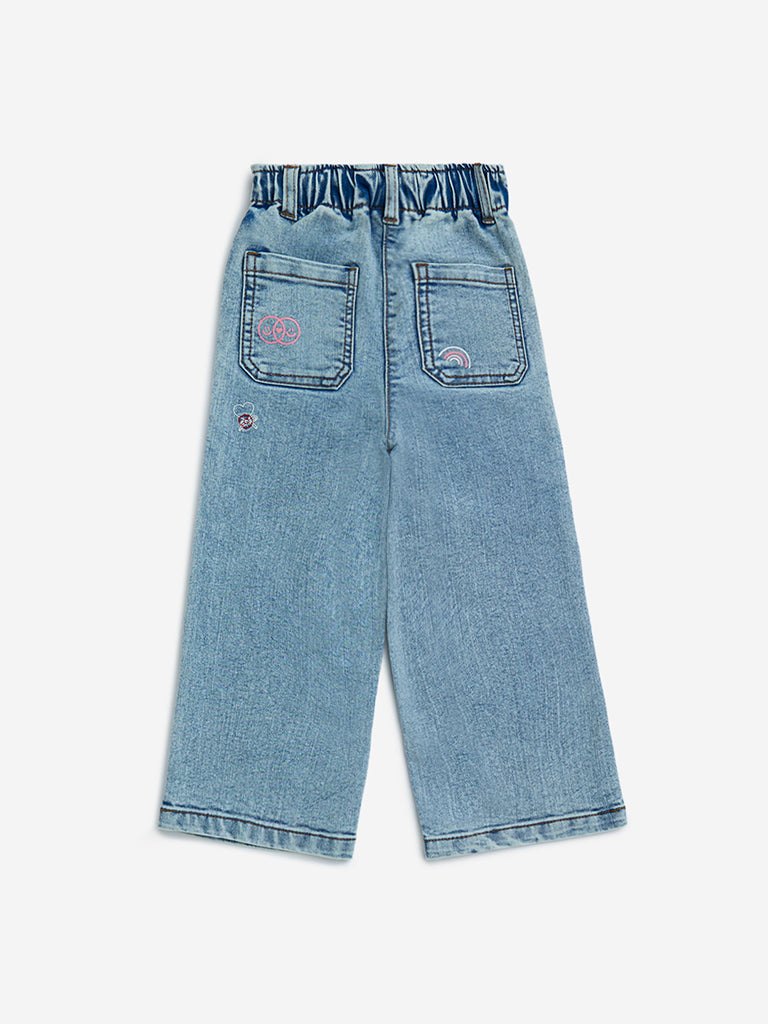 HOP Kids Girls Light Blue Faded Wide-Leg Mid-Rise Jeans